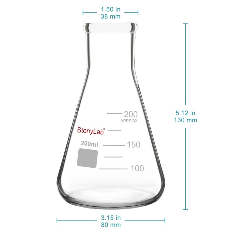 stonylab 2-Pack Glass 200ml Heavy Wall Narrow Mouth Erlenmeyer Flasks with Heavy Duty Rim - Image 2
