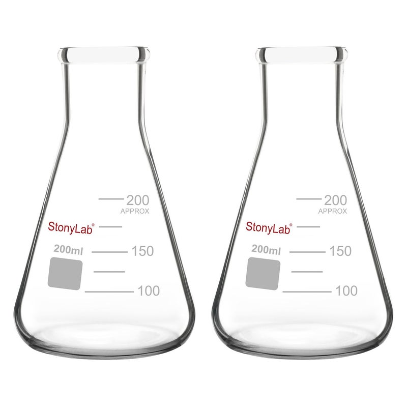 stonylab 2-Pack Glass 200ml Heavy Wall Narrow Mouth Erlenmeyer Flasks with Heavy Duty Rim - Image 1