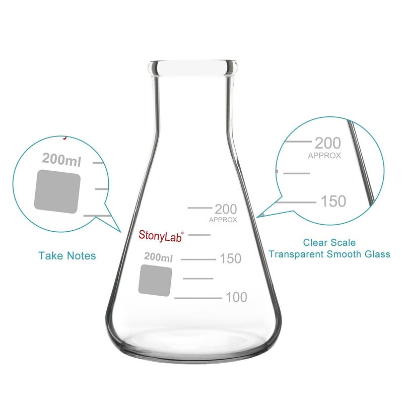 stonylab 2-Pack Glass 200ml Heavy Wall Narrow Mouth Erlenmeyer Flasks with Heavy Duty Rim - Image 3