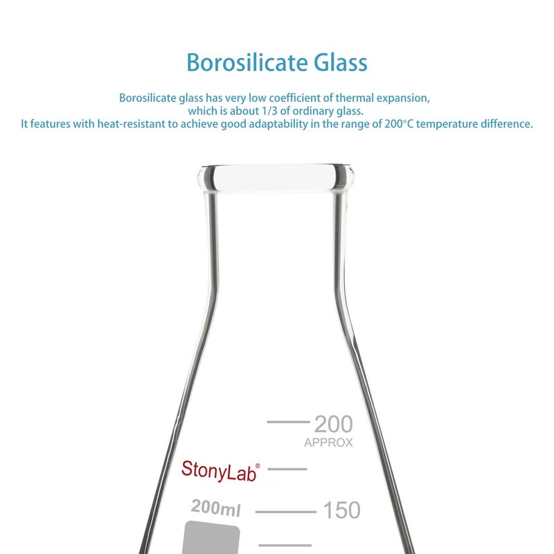 stonylab 2-Pack Glass 200ml Heavy Wall Narrow Mouth Erlenmeyer Flasks with Heavy Duty Rim - Image 4