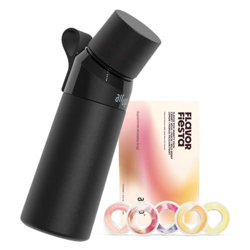 air up زجاجة ماء air up® (16 أونصة) ستيل أسود + 5 كبسولات نكهة فييستا | كبسولات نكهة خالية من السكر وزجاجات ماء مع قشة | زجاجة ماء بنكهة - Image 1