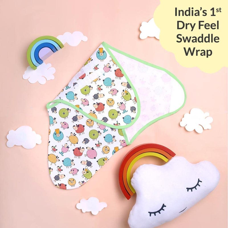 superbottoms Dry Feel Swaddle Wrap for Newborn | SuperDryFeel Layer to Keep Baby Dry | Extra Soft | 100% Cotton | Easy to Wear, Travel-Friendly Wrapper | 0-3 Months, Baby Wrappers | Ba Ba Sheep. - Image 2