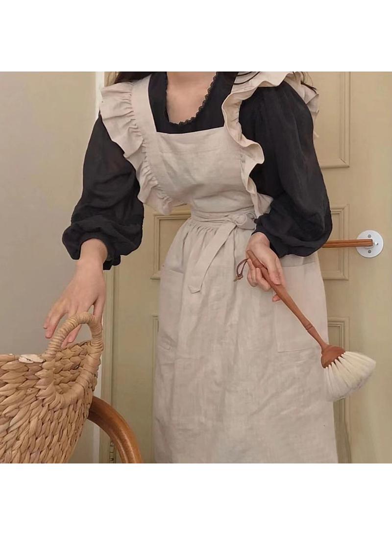 Household lotus leaf lace cotton linen apron Kitchen coffee shop work apron  - Image 1