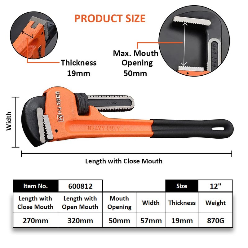 Harden 12 Professional Heavy Duty Chrome Vanadium Pipe Wrench Large Torque Easy to Adjust Strong Clamping Thick Body 600812 - Image 3