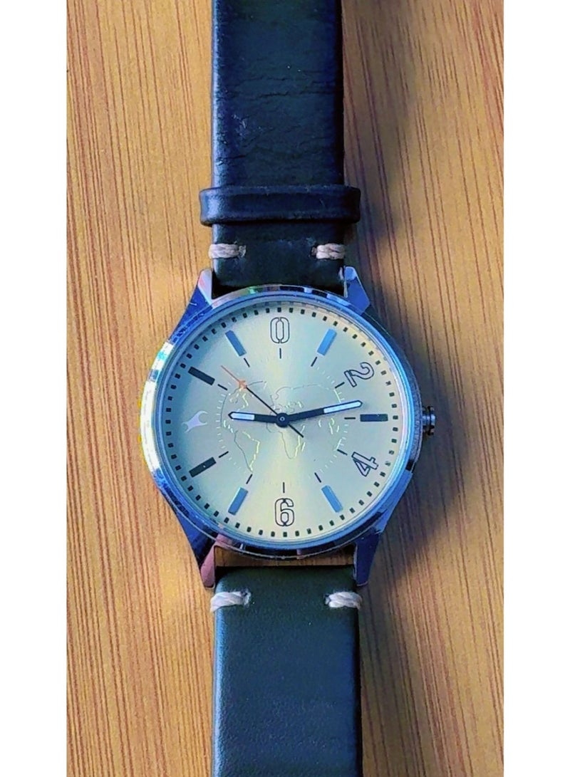 Fastrack Men's Tripster World Map Analog Quartz Watch - Champagne Gold / Olive Dial with Dark Green Genuine Leather Strap (Model 3237SL01 / 3237SAA) - Pre-Owned (Like New Condition) - Image 2