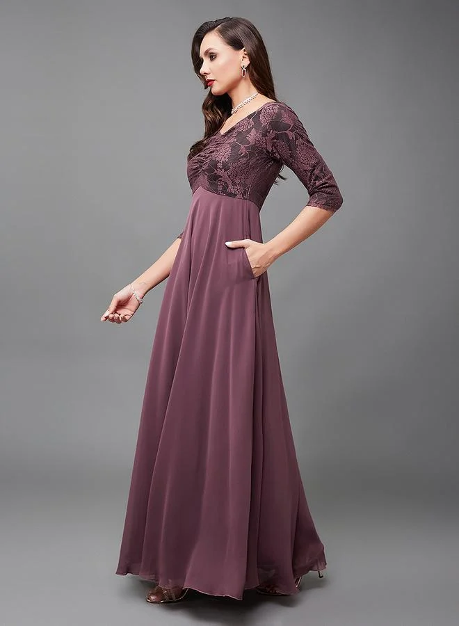 Miss Chase Mauve Lace Insert 3/4 Sleeves Maxi Dress