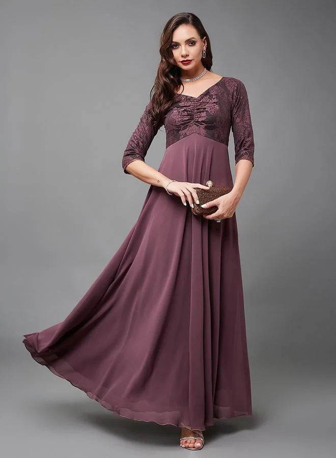 Miss Chase Mauve Lace Insert 3/4 Sleeves Maxi Dress