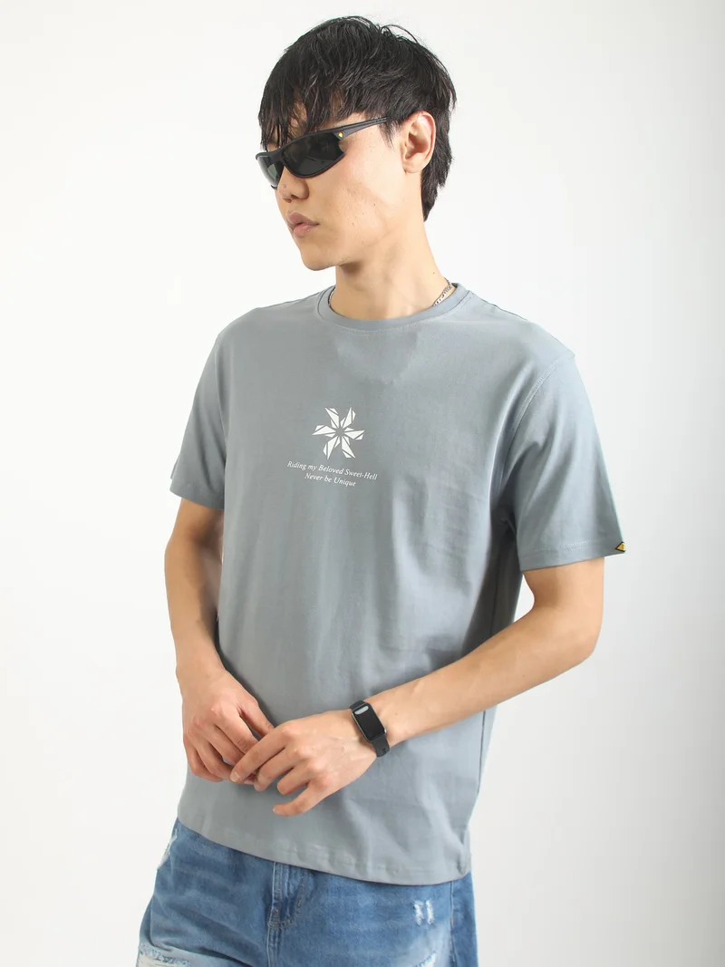 مانياك Maniac Mens Printed Round Neck Raglan Half Sleeve Cream and Burgundy Cotton T-Shirt