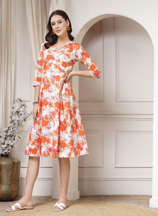 Indibelle Women Floral Print Flared Sleeve A-Line Cotton Dress - Image 3