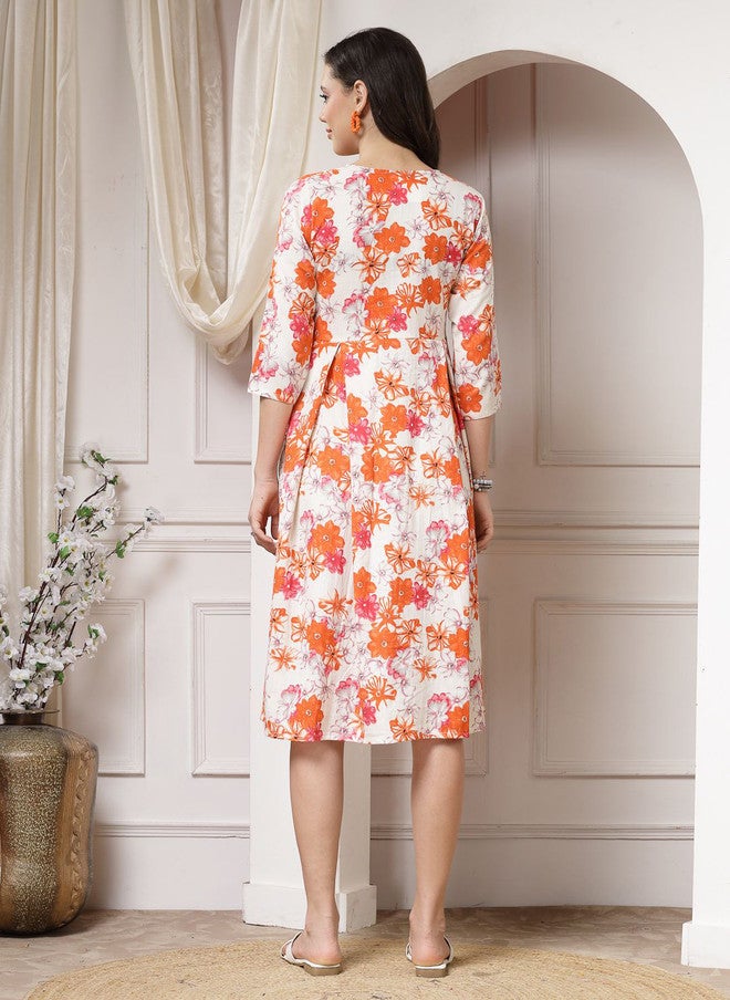 Indibelle Women Floral Print Flared Sleeve A-Line Cotton Dress - Image 4