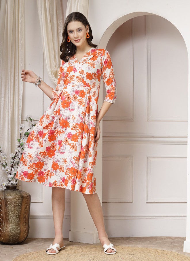 Indibelle Women Floral Print Flared Sleeve A-Line Cotton Dress - Image 5