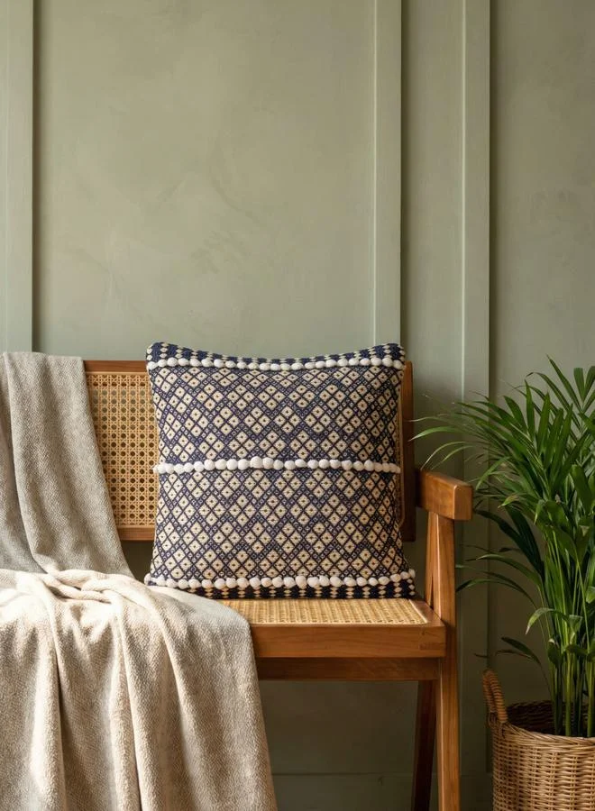 Sanskrutihomes Blue Geo Embroidered Square Cushion Cover with Pom-Pom Detailing, Medium