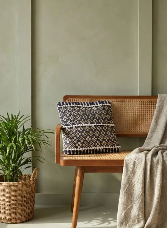 Sanskrutihomes Blue Geo Embroidered Square Cushion Cover with Pom-Pom Detailing, Medium