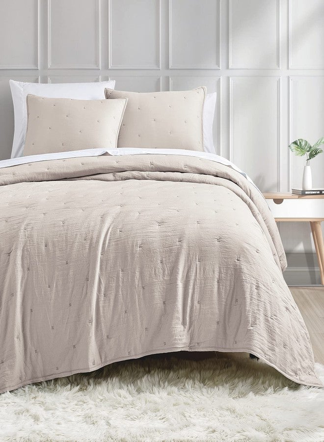 BOURINA Embroidery Quilt Set 3-Piece Full/Queen Quilt Set Pre-Washed Microfiber Ultra Soft Lightweight Star Embroidery Bedspread Coverlet Set, Beige - Image 1