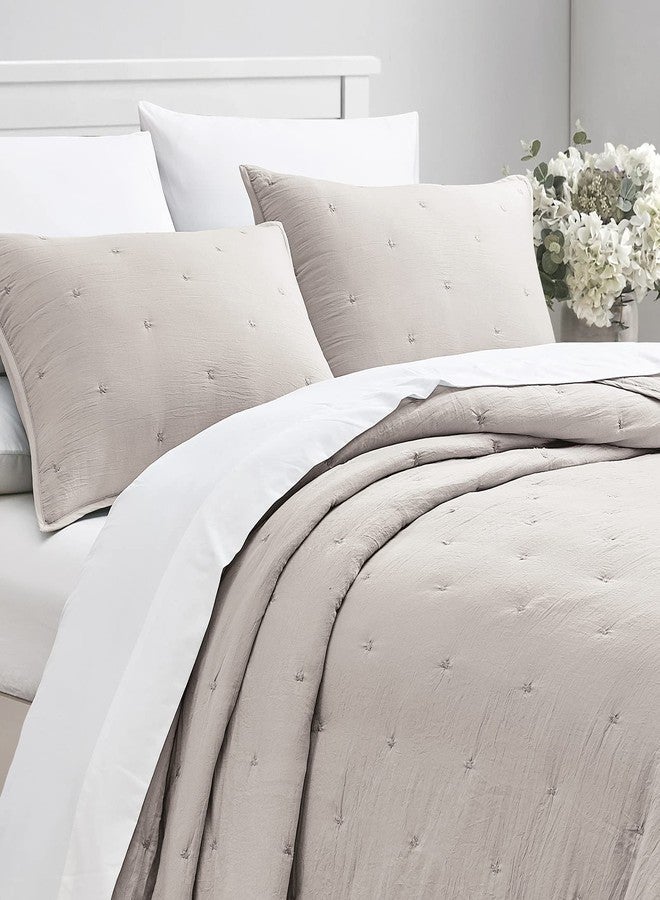 BOURINA Embroidery Quilt Set 3-Piece Full/Queen Quilt Set Pre-Washed Microfiber Ultra Soft Lightweight Star Embroidery Bedspread Coverlet Set, Beige - Image 2