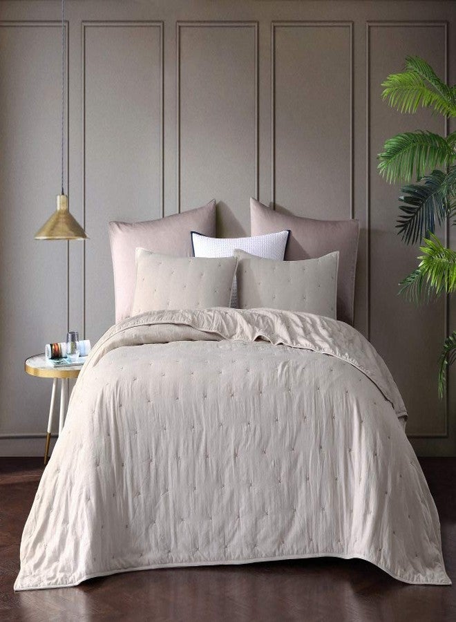 BOURINA Embroidery Quilt Set 3-Piece Full/Queen Quilt Set Pre-Washed Microfiber Ultra Soft Lightweight Star Embroidery Bedspread Coverlet Set, Beige - Image 4