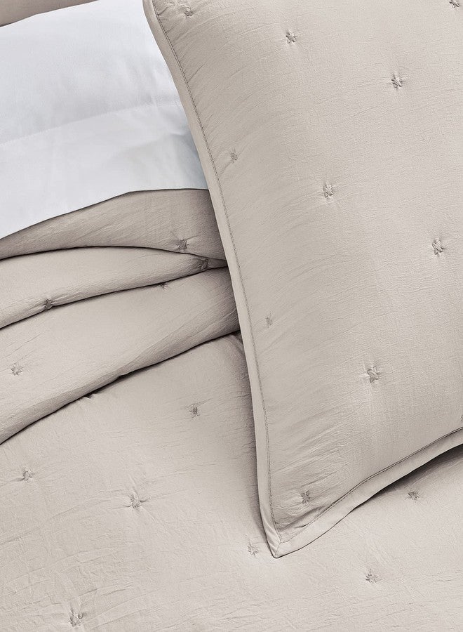 BOURINA Embroidery Quilt Set 3-Piece Full/Queen Quilt Set Pre-Washed Microfiber Ultra Soft Lightweight Star Embroidery Bedspread Coverlet Set, Beige - Image 3