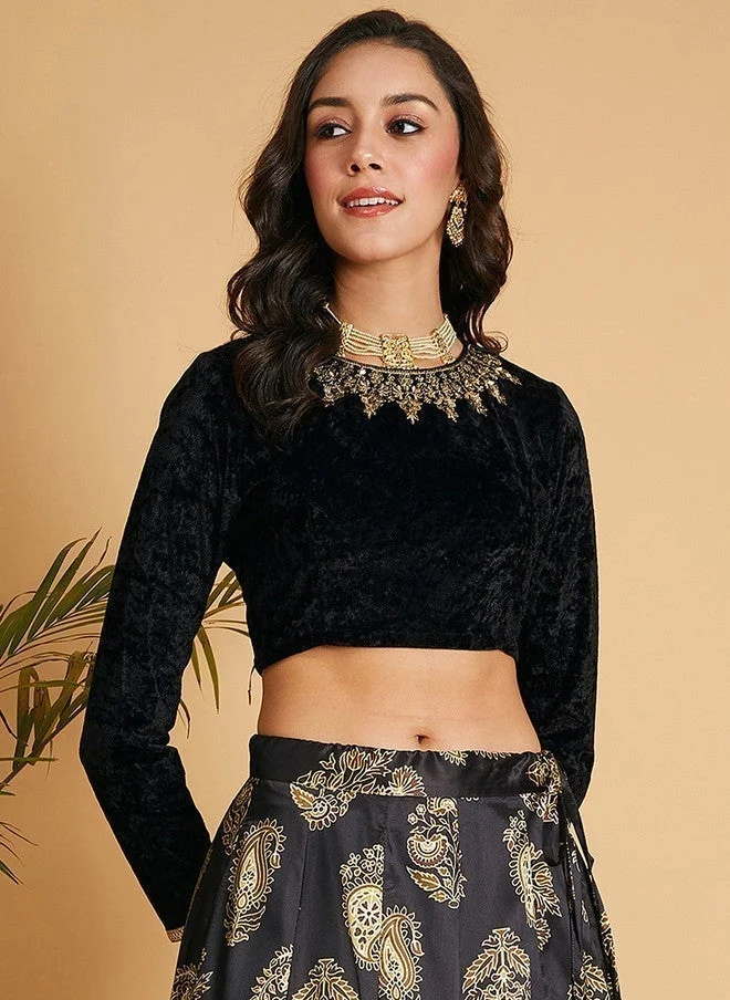 SASSAFRAS Black Embroidered Velvet Crop Fitted Top for Women