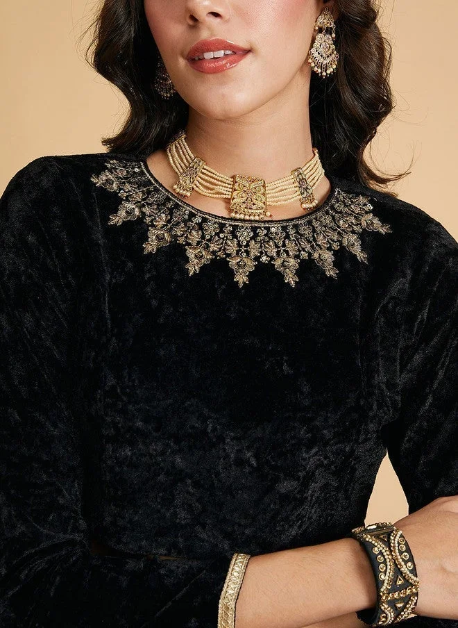 SASSAFRAS Black Embroidered Velvet Crop Fitted Top for Women