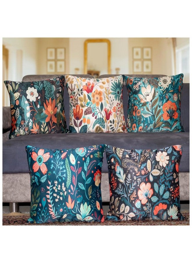 Vendola Vendola Decorative Satin 250TC Sofa Cushion Pillow Covers, Multicolor, Set of 5 Floral Cushion Covers(Foliso,16x16 Inches) - Image 1