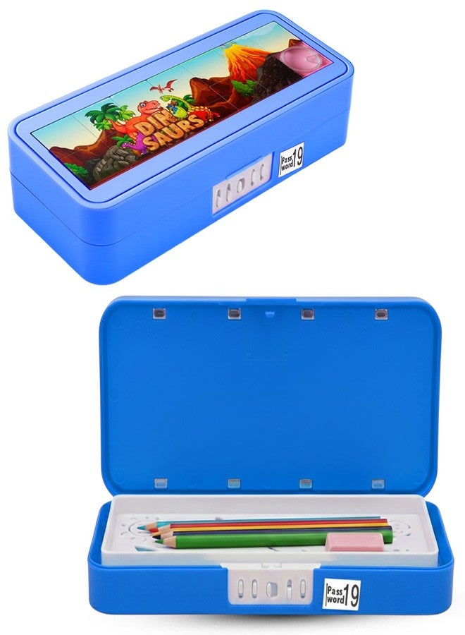 Global Impex Puzzle Pencil Box with Number Lock Password & Multiple Compartments | Complimentary Stationery Inside | Return Gift Pencil Box for School Kids, Boys & Girls | Birthday Party Gift (Blue) - Image 1
