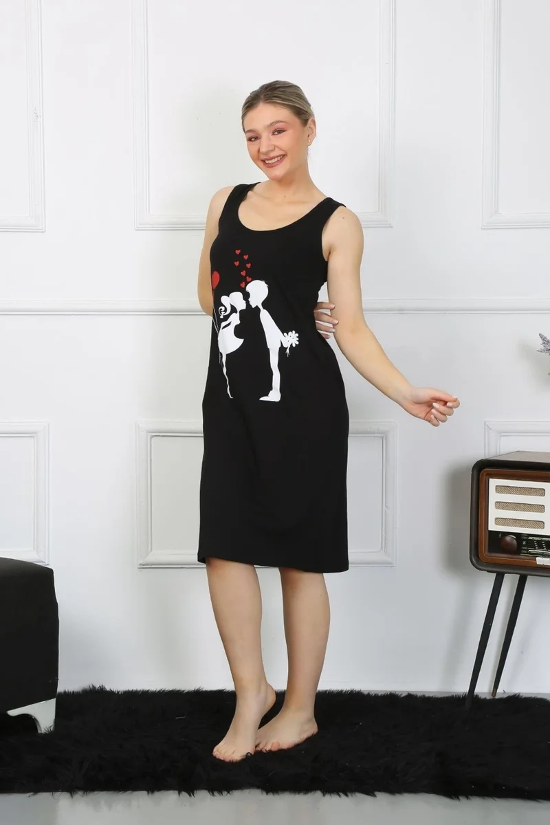 اكبينيز Women's Thick Strap Combed Cotton Long Black Nightgown 12001