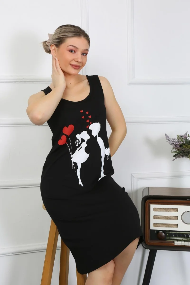 اكبينيز Women's Thick Strap Combed Cotton Long Black Nightgown 12001