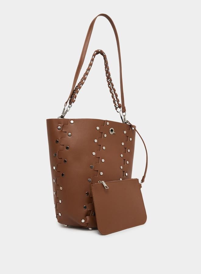 Styli Brown Studded Bucket Bag with Detachable Pouch - Image 1