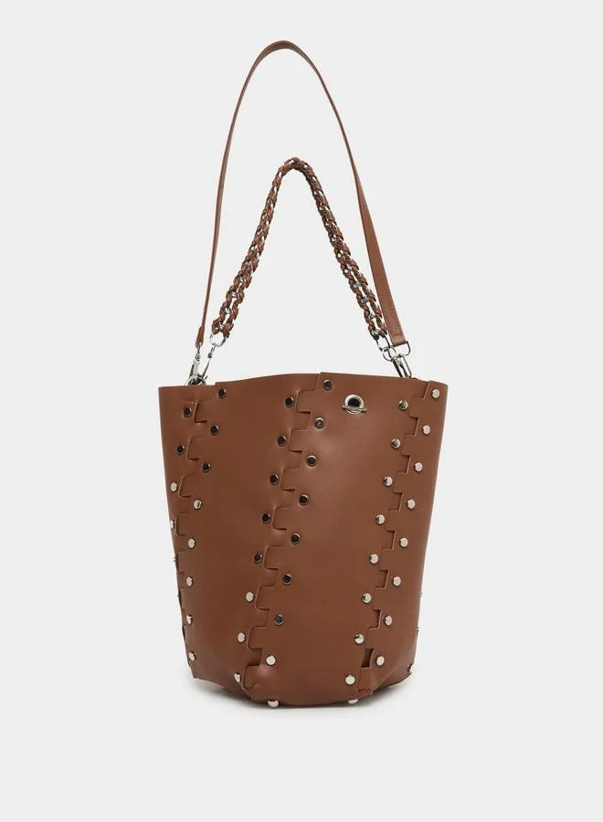 Styli Styli Brown Studded Bucket Bag with Detachable Pouch