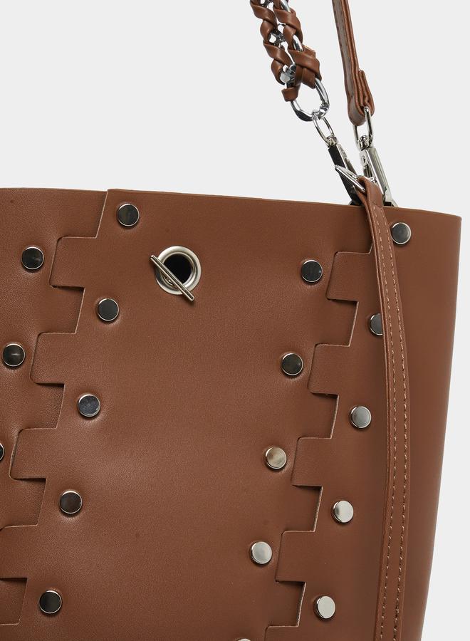 Styli Brown Studded Bucket Bag with Detachable Pouch - Image 3