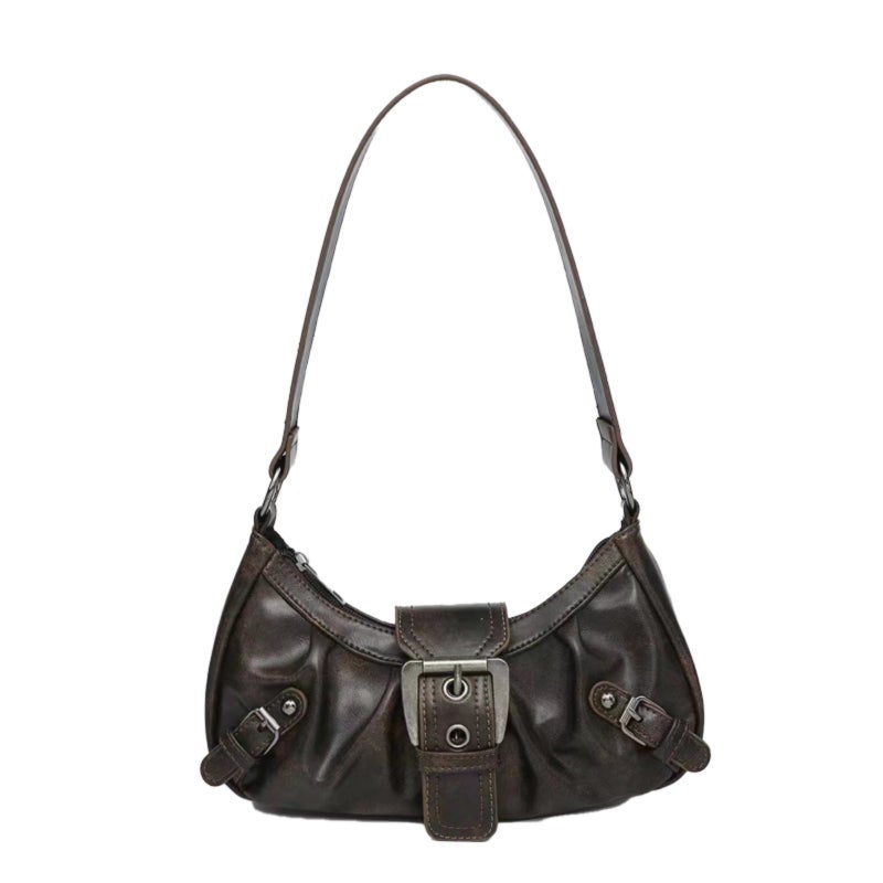 Retro Distressed Y2k Purse: Coffee Color, Durable PU Leather, Secure Zipper Closure - Edgy Metal Buckle Embellishment, Small Medium Underarm Bag for Everyday Wear, Commuting, Edgy Outfits - Image 1