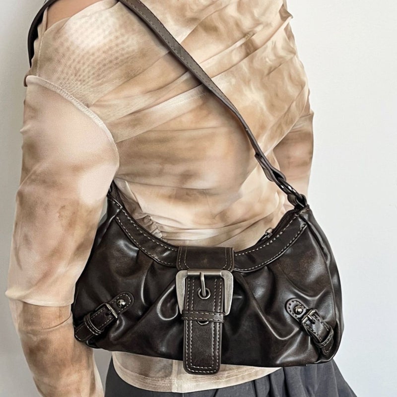 Retro Distressed Y2k Purse: Coffee Color, Durable PU Leather, Secure Zipper Closure - Edgy Metal Buckle Embellishment, Small Medium Underarm Bag for Everyday Wear, Commuting, Edgy Outfits - Image 2