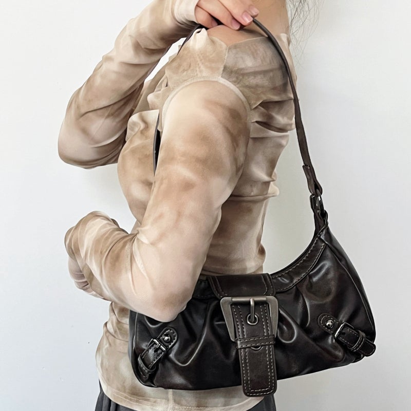 Retro Distressed Y2k Purse: Coffee Color, Durable PU Leather, Secure Zipper Closure - Edgy Metal Buckle Embellishment, Small Medium Underarm Bag for Everyday Wear, Commuting, Edgy Outfits - Image 5