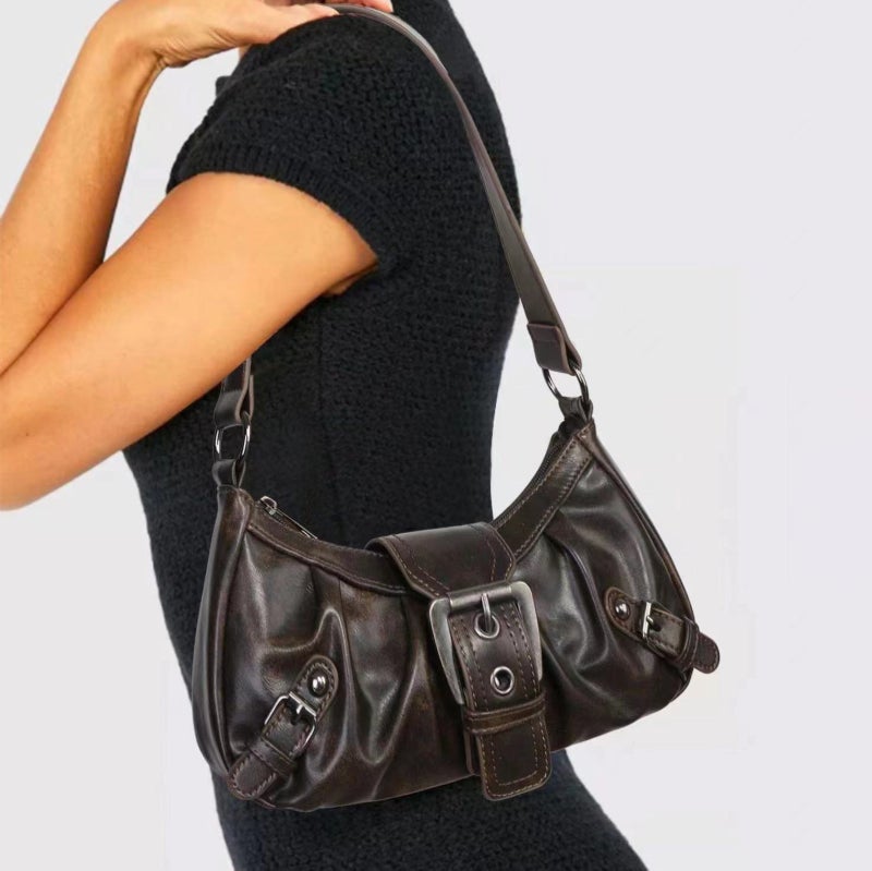 Retro Distressed Y2k Purse: Coffee Color, Durable PU Leather, Secure Zipper Closure - Edgy Metal Buckle Embellishment, Small Medium Underarm Bag for Everyday Wear, Commuting, Edgy Outfits - Image 3