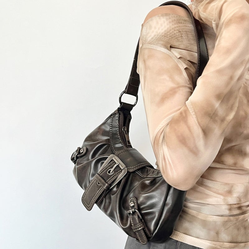 Retro Distressed Y2k Purse: Coffee Color, Durable PU Leather, Secure Zipper Closure - Edgy Metal Buckle Embellishment, Small Medium Underarm Bag for Everyday Wear, Commuting, Edgy Outfits - Image 4