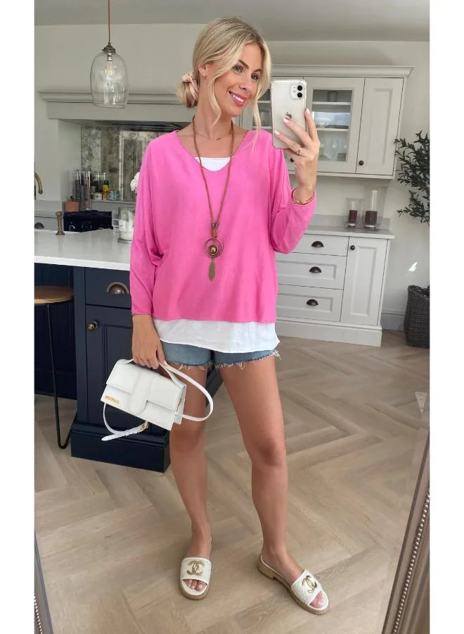 Hoxton Gal Pink Oversized Layered Crew‑Neck Blouse Long Sleeve Relaxed Fit with Necklace