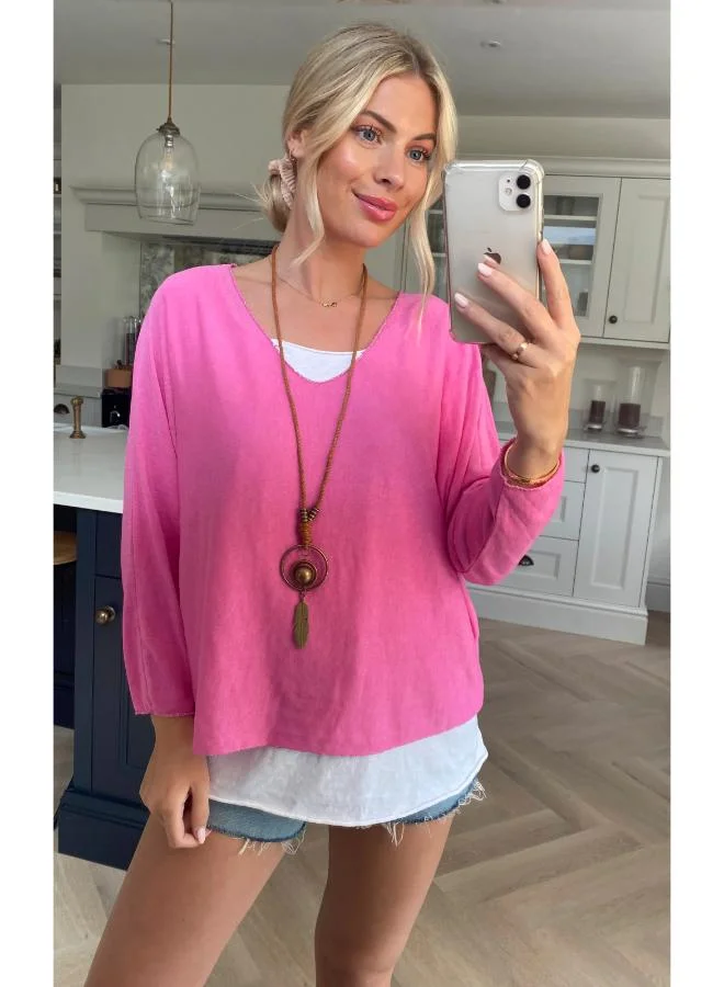Hoxton Gal Pink Oversized Layered Crew‑Neck Blouse Long Sleeve Relaxed Fit with Necklace