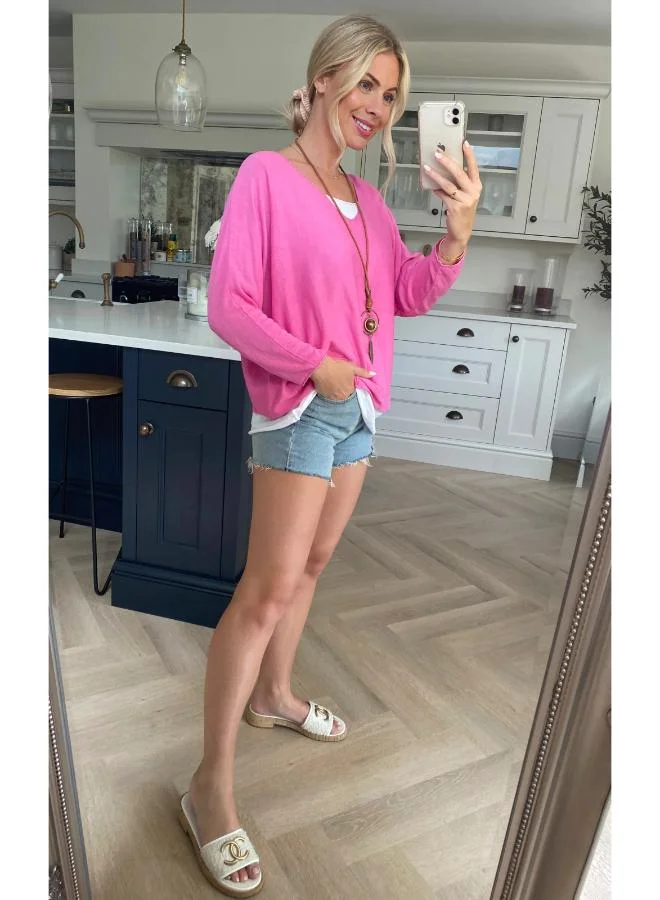 Hoxton Gal Pink Oversized Layered Crew‑Neck Blouse Long Sleeve Relaxed Fit with Necklace