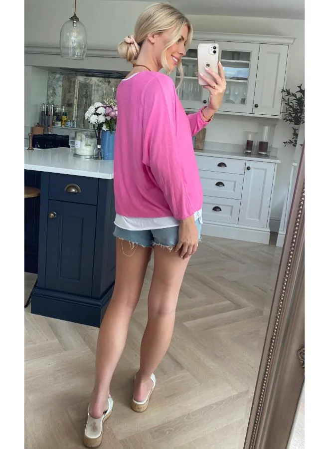 Hoxton Gal Pink Oversized Layered Crew‑Neck Blouse Long Sleeve Relaxed Fit with Necklace