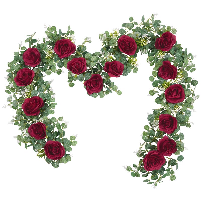 Dolicer 2Pcs 13Ft Artificial Eucalyptus Garlands with Flowers- 8 Roses, Faux Floral Greenery Garlands Fake Flowers Vines for Wedding Table Centerpieces Arch Party Ceremony Backdrop Decor (Red) - Image 1