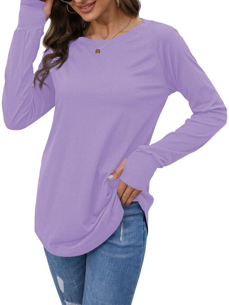 Fisoew Women's Casual Long Sleeve Tops Crew Neck Round Hem Loose T-Shirts Tunic Tops with Thumb Holes Light Purple - Image 4