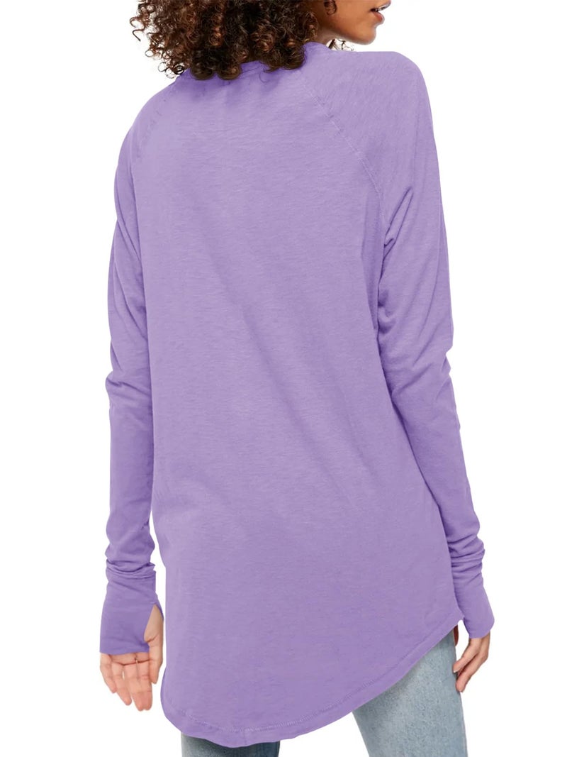 Fisoew Women's Casual Long Sleeve Tops Crew Neck Round Hem Loose T-Shirts Tunic Tops with Thumb Holes Light Purple - Image 2