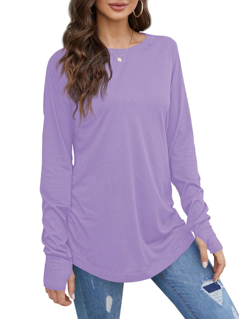 Fisoew Women's Casual Long Sleeve Tops Crew Neck Round Hem Loose T-Shirts Tunic Tops with Thumb Holes Light Purple - Image 3