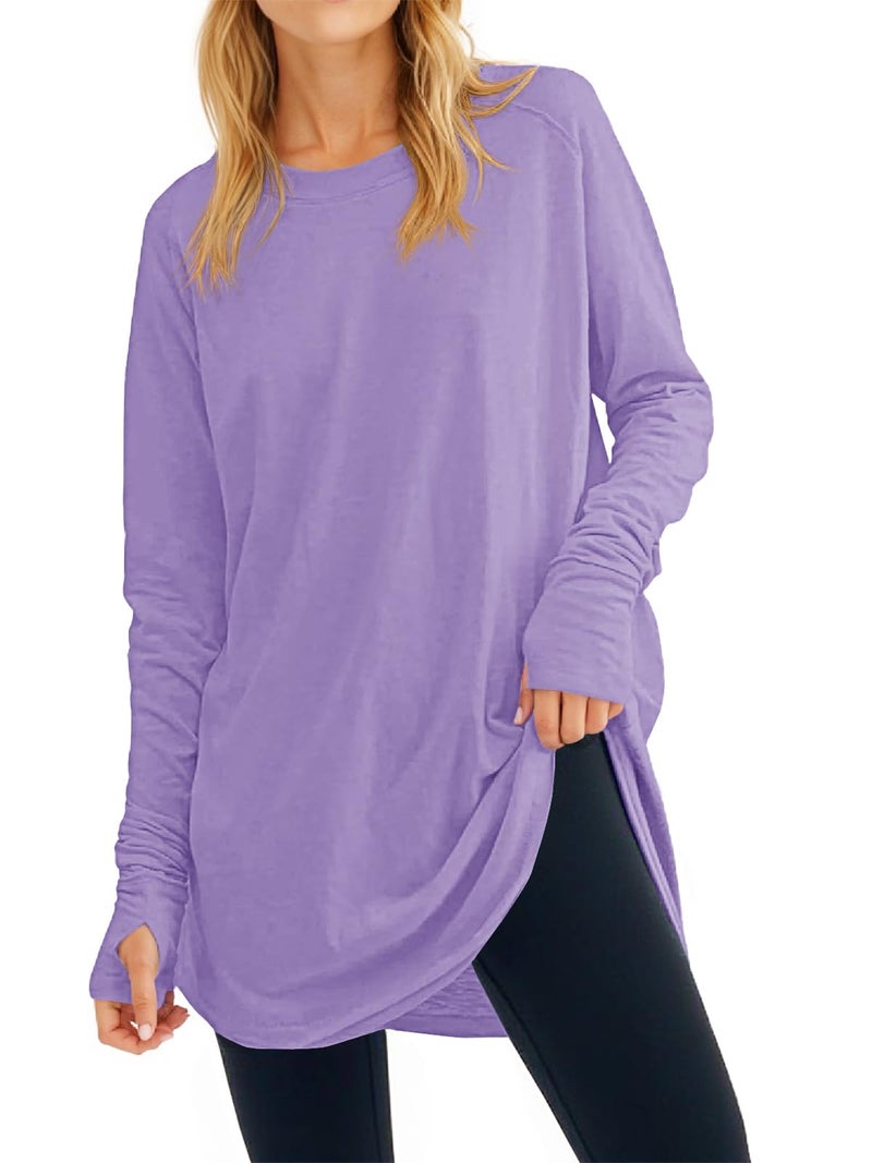Fisoew Women's Casual Long Sleeve Tops Crew Neck Round Hem Loose T-Shirts Tunic Tops with Thumb Holes Light Purple - Image 1