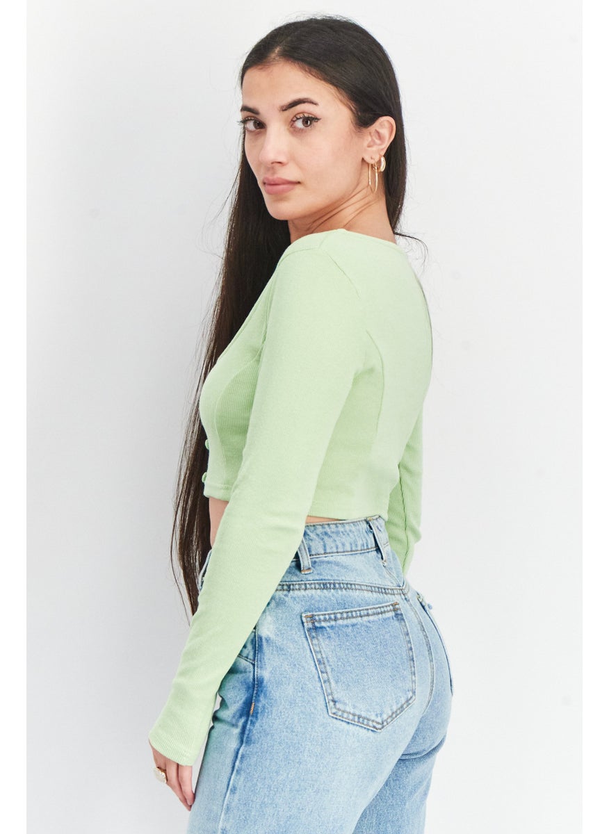 SkyLar Rose Women Scoop Neck Long Sleeve Textured Crop Top, Green  - Image 3