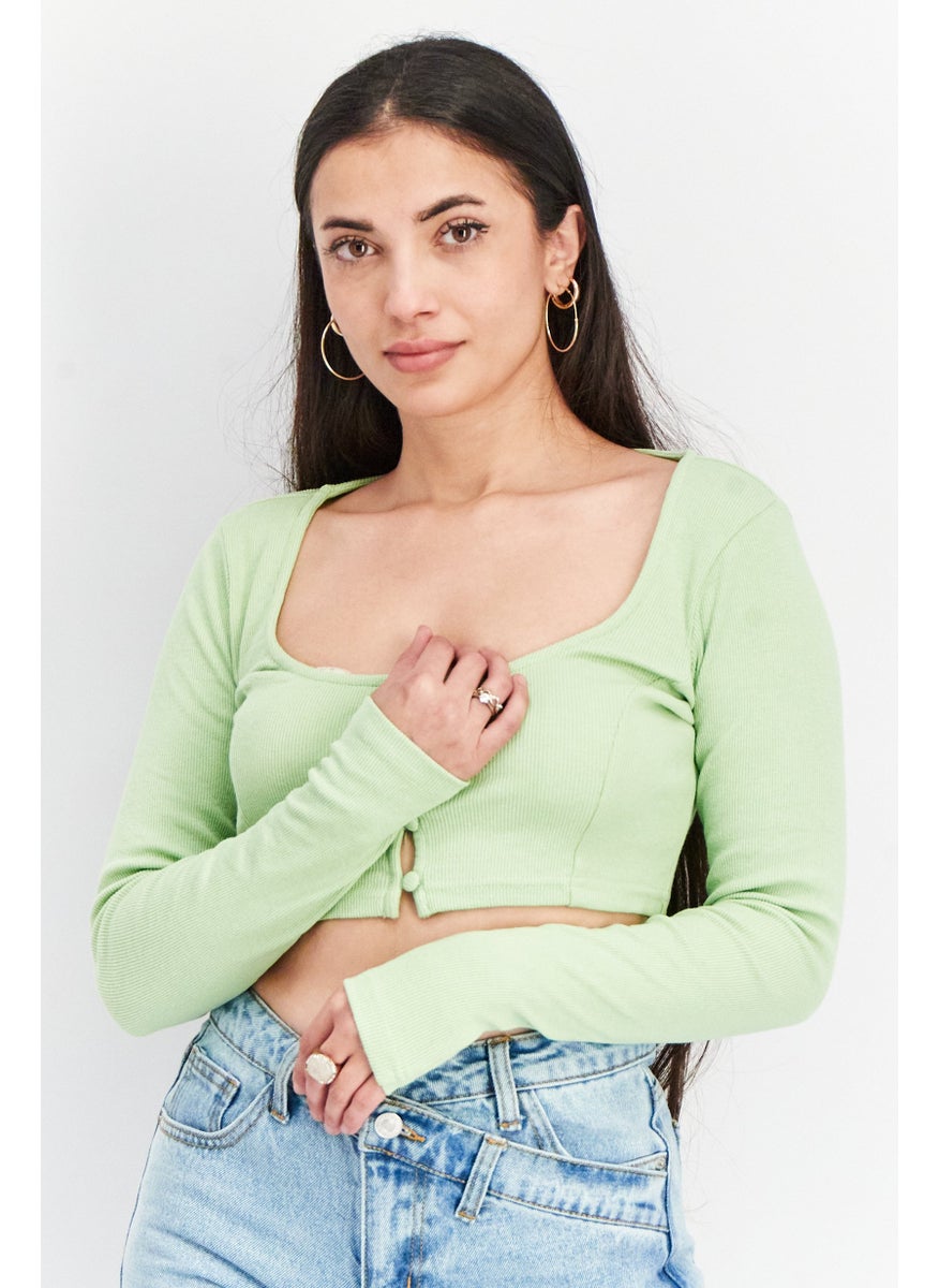 SkyLar Rose Women Scoop Neck Long Sleeve Textured Crop Top, Green  - Image 1