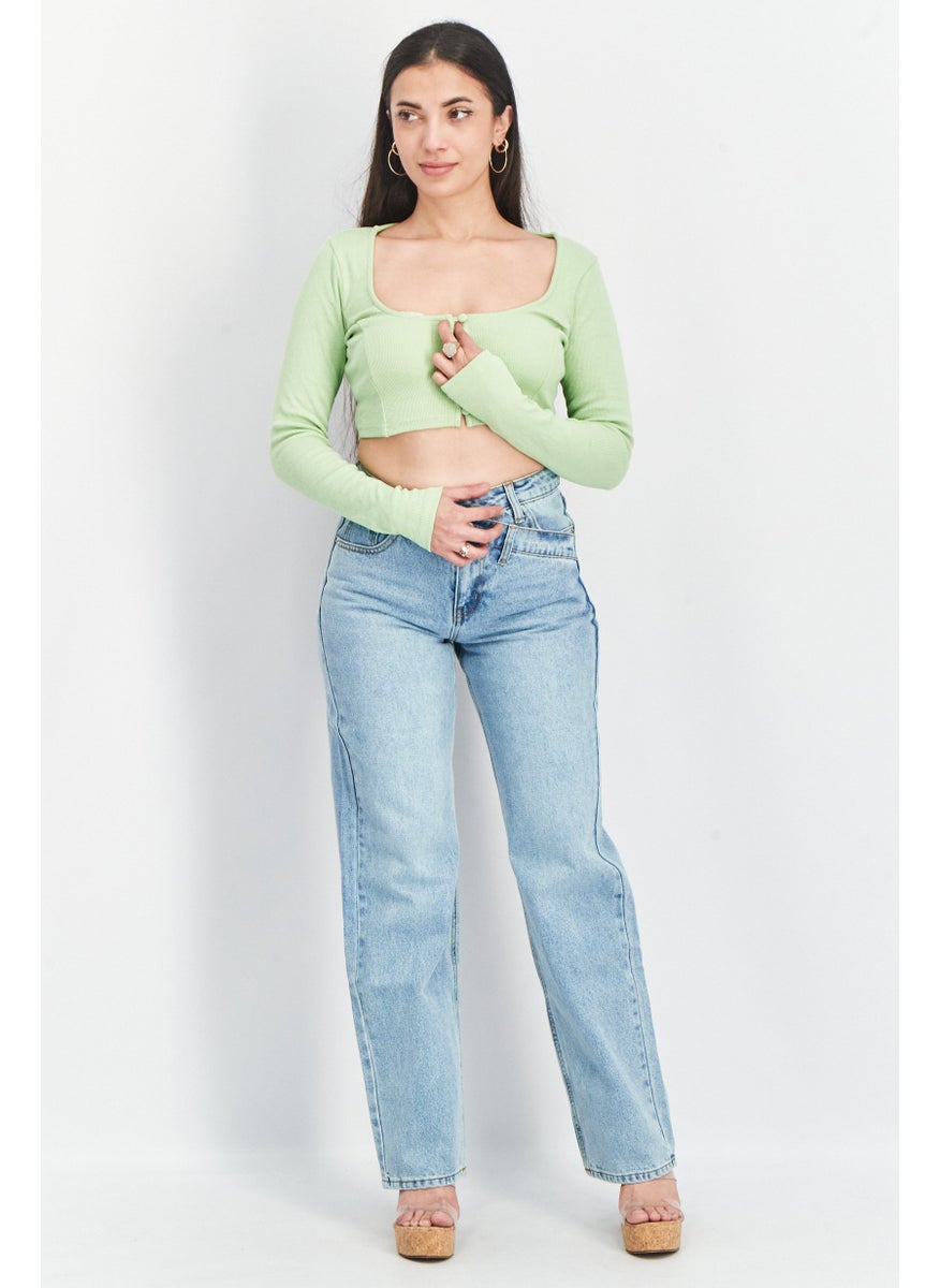 SkyLar Rose Women Scoop Neck Long Sleeve Textured Crop Top, Green  - Image 2
