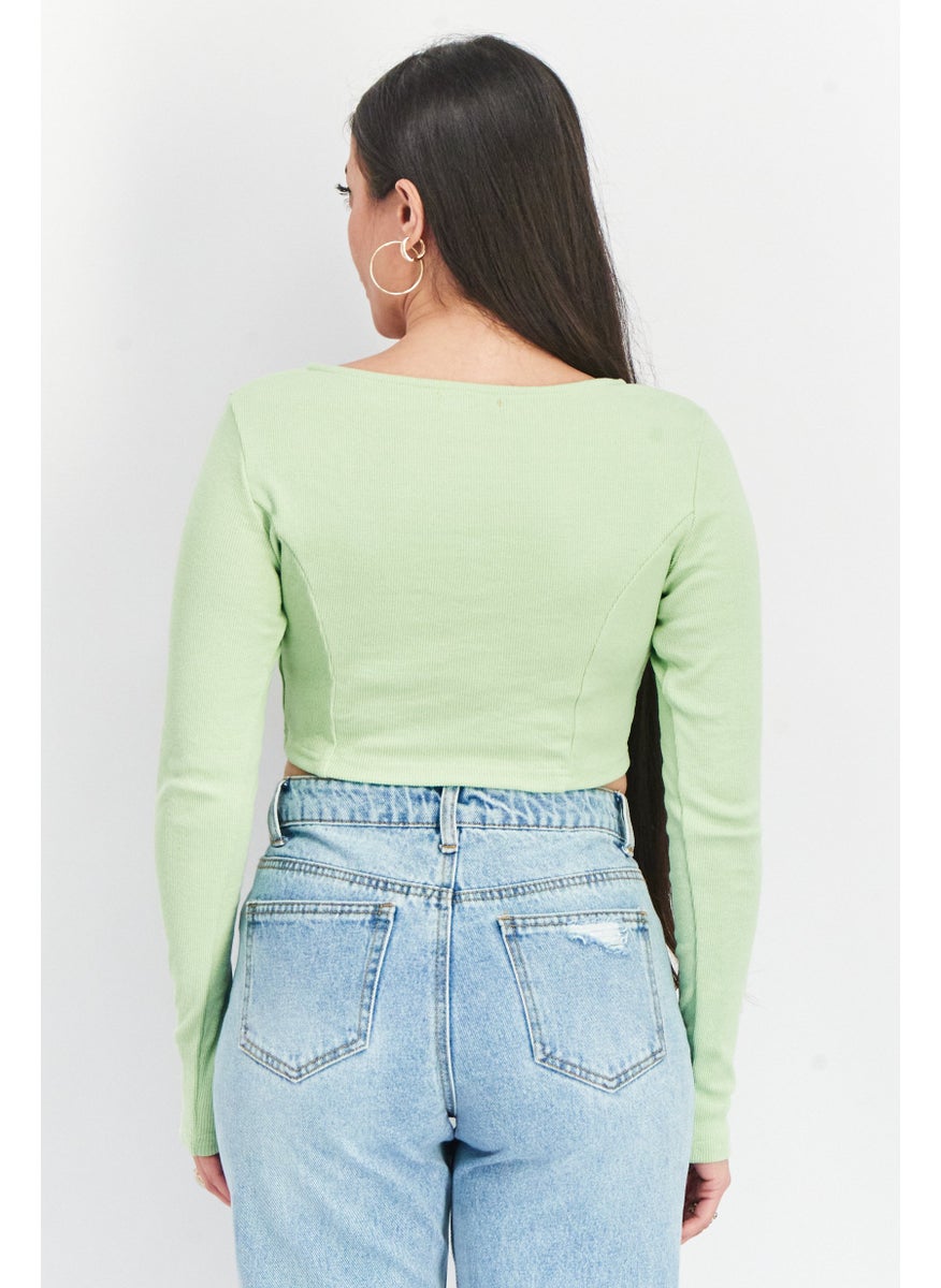 SkyLar Rose Women Scoop Neck Long Sleeve Textured Crop Top, Green  - Image 4