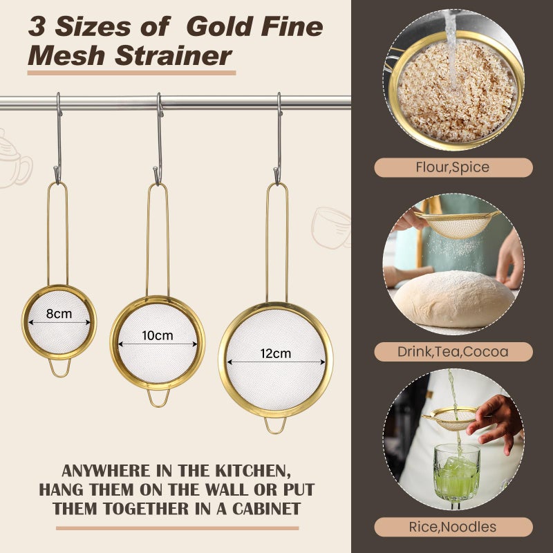 Baderke 7 Pcs Gold Kitchen Accessories Includes Stainless Steel Colander with Handles, 3 Gold Mixing Bowls with Airtight Lids and 3 Fine Mesh Strainer (Colander: 4 Qt, Mixing Bowls: 1/1.5/2 Qt) - Image 3
