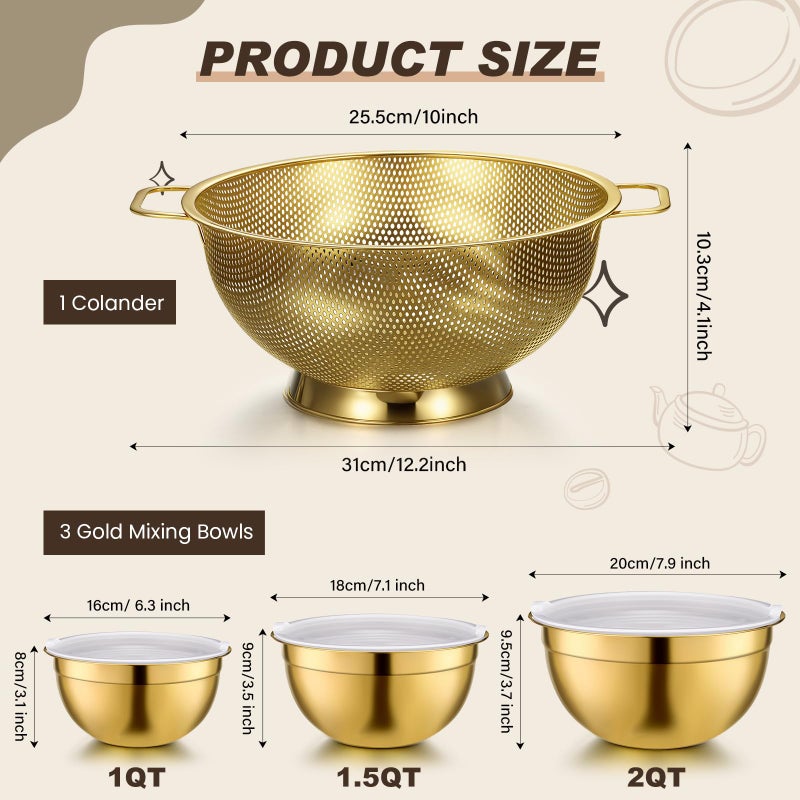 Baderke 7 Pcs Gold Kitchen Accessories Includes Stainless Steel Colander with Handles, 3 Gold Mixing Bowls with Airtight Lids and 3 Fine Mesh Strainer (Colander: 4 Qt, Mixing Bowls: 1/1.5/2 Qt) - Image 2